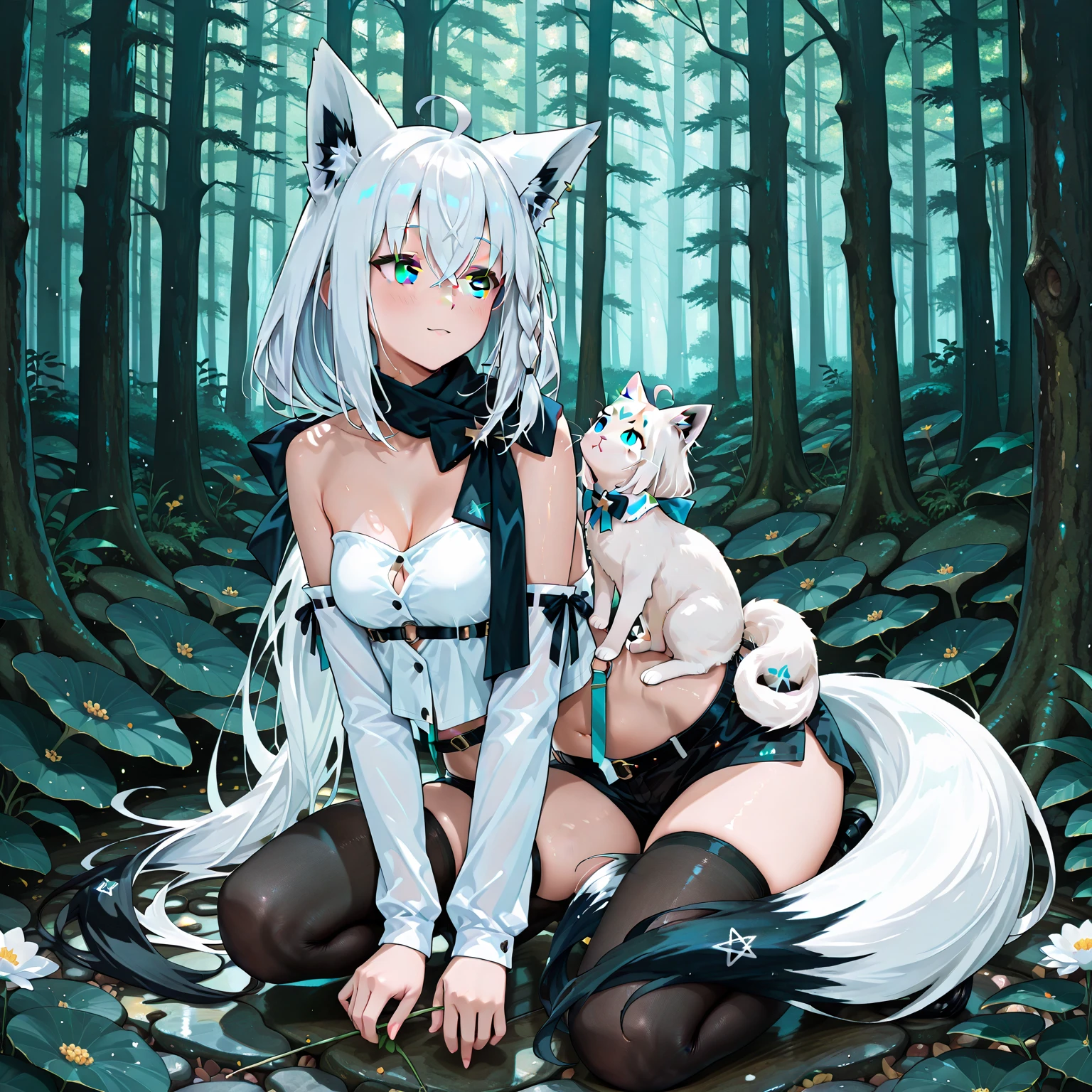 "Shirakami Fubuki" is holding a cute kitten and looking at us,
forest background