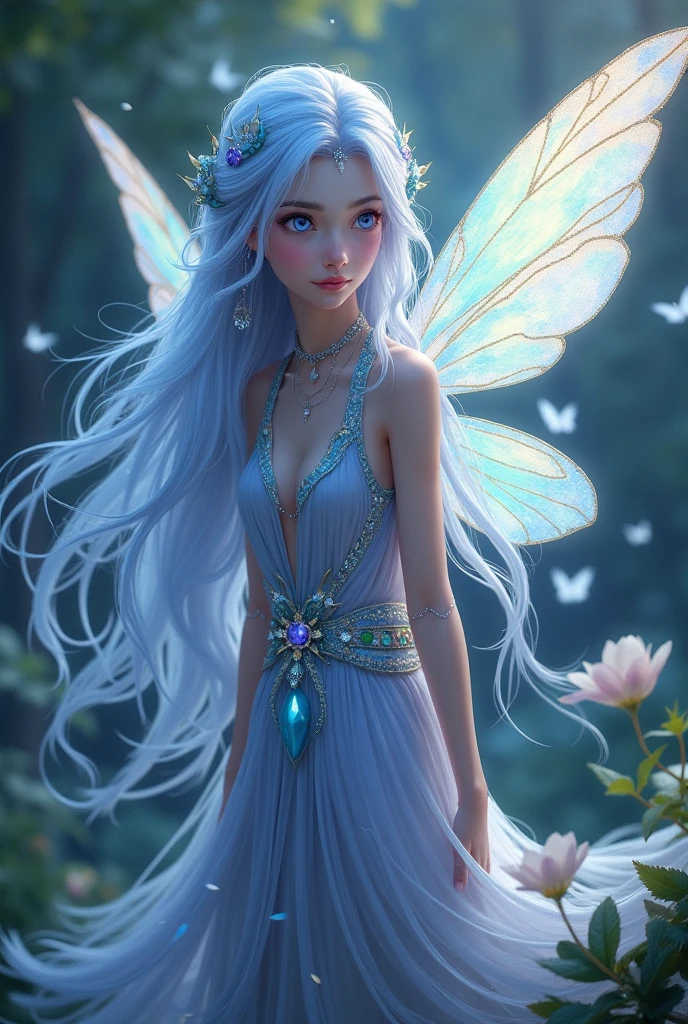 beautiful fairy, portrait of a fairy, Close-up of a girl with a flower crown on her head, white colored hair, white bangs, Cyan eyes, Neon blue dress, blue decorations, white wings, Beautiful glow, beautiful fantasy art, fantasy art style, beautiful fantasy art, digital fantasy art, portrait of a fairy, beautiful fairies, beautiful fairy, 8k high quality detailed art, As the Fairy Queen, Fairytale aesthetics