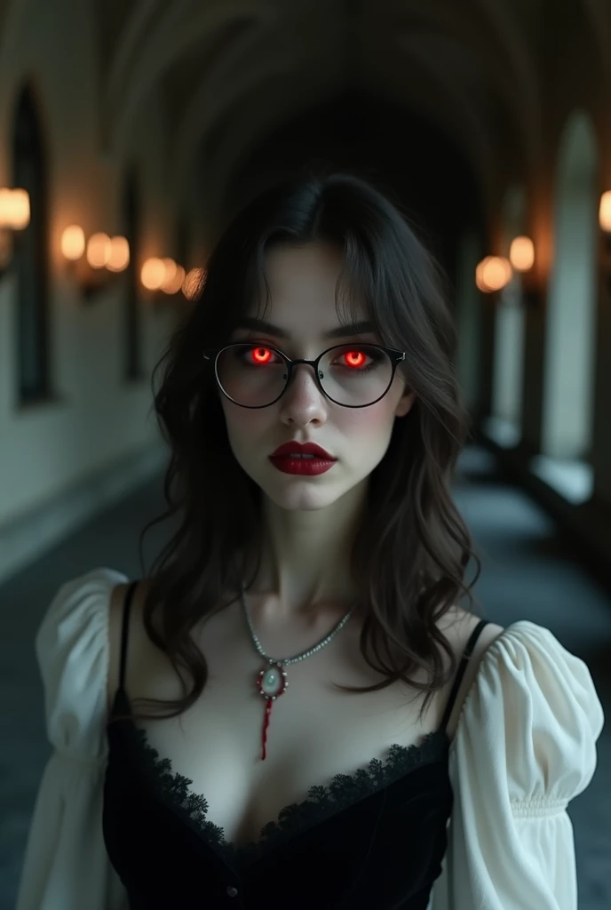 kkw-detailMe-v1.0 kkw-ph1 , (<lora:Vanessa_Harris:1> glasses, chubby, curvy, bbw, light hazelnut hair, bob haircut, blue eyes, full lips)  <lora:C7b3rp0nkStyle:0.31> C7b3rp0nkStyle, BREAK Style-GravityMagic,  solo, half shot, looking down, detailed background, detailed face, ( theme:1.1) vampire,  bloodthirsty,  vampire fangs, tattered [dark:orchid:5] clothes,      evil smirk, blood stains, haunting, supernatural abilities,  red glow,  cobwebs, forest in background,  moonlit sky,   mist, shadows, eerie atmosphere,