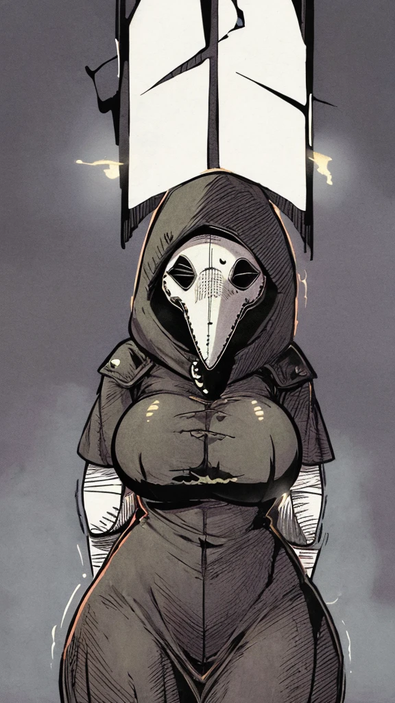 plague doctor, 1girl, solo, hood, mask, gloves, faceless, plague doctor mask, tall, (looking at viewer, solid eyes), bandage, (large breasts:1.3), {{sarashi}}