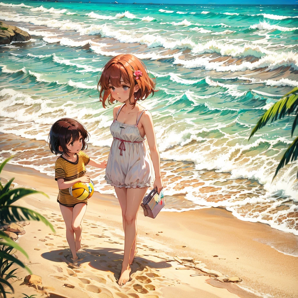 (adolescent girl), the sound of cicadas, a girl wearing a straw hat and one-piece dress on the beach, putting her feet in the water, scooping up water with her hands, sloshing around, side-angle full-body shot, looking down, tropical country (waves) (Giwa, many palm trees are growing), (Toddler: 1.25), (Baby face: 1.2), Short limbs, Small breasts, Girl 9 years old, Long hair, Ponytail, 8K, High resolution, Anime key Visuals, very beautiful backgrounds, strong sunlight shining all over, beautiful characters, 3 girls
