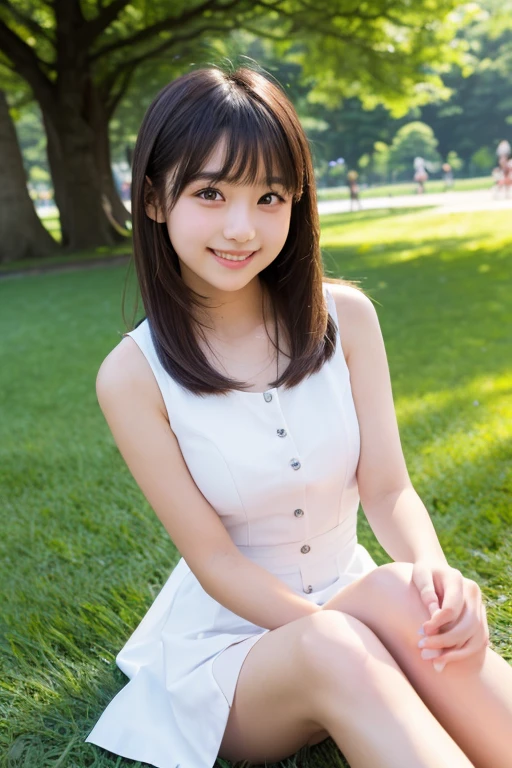 Whole body 1.3,sit、knee up、(8k、highest quality、masterpiece:1.2)、(Realistic、Photorealistic:1.37)、Ultra-detailed、超A high resolution、1 girl、(Beautifully detailed face、A face with a golden ratio、Balanced Eyes、double eyelid)、Beautifully detailed skin、Skin Texture、Professional Lighting Tank Top、mini skirt、Japanese Height 、Elementary school girl、Smile、Bare legs、Flower Garden、