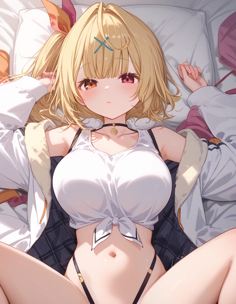 masterpiece、top-quality、detaile、1girl in、(a blond)、(a beauty girl)、cute little、(verd s eyes)、(Eye lashes)、(huge-breasted)、(cleavage of the breast)、(white shirt:1.2)、(Open Shirt)、sitting in the couch、abajour、window、natta、Delicate interior design、(bbw)、Eat steak、Chibi