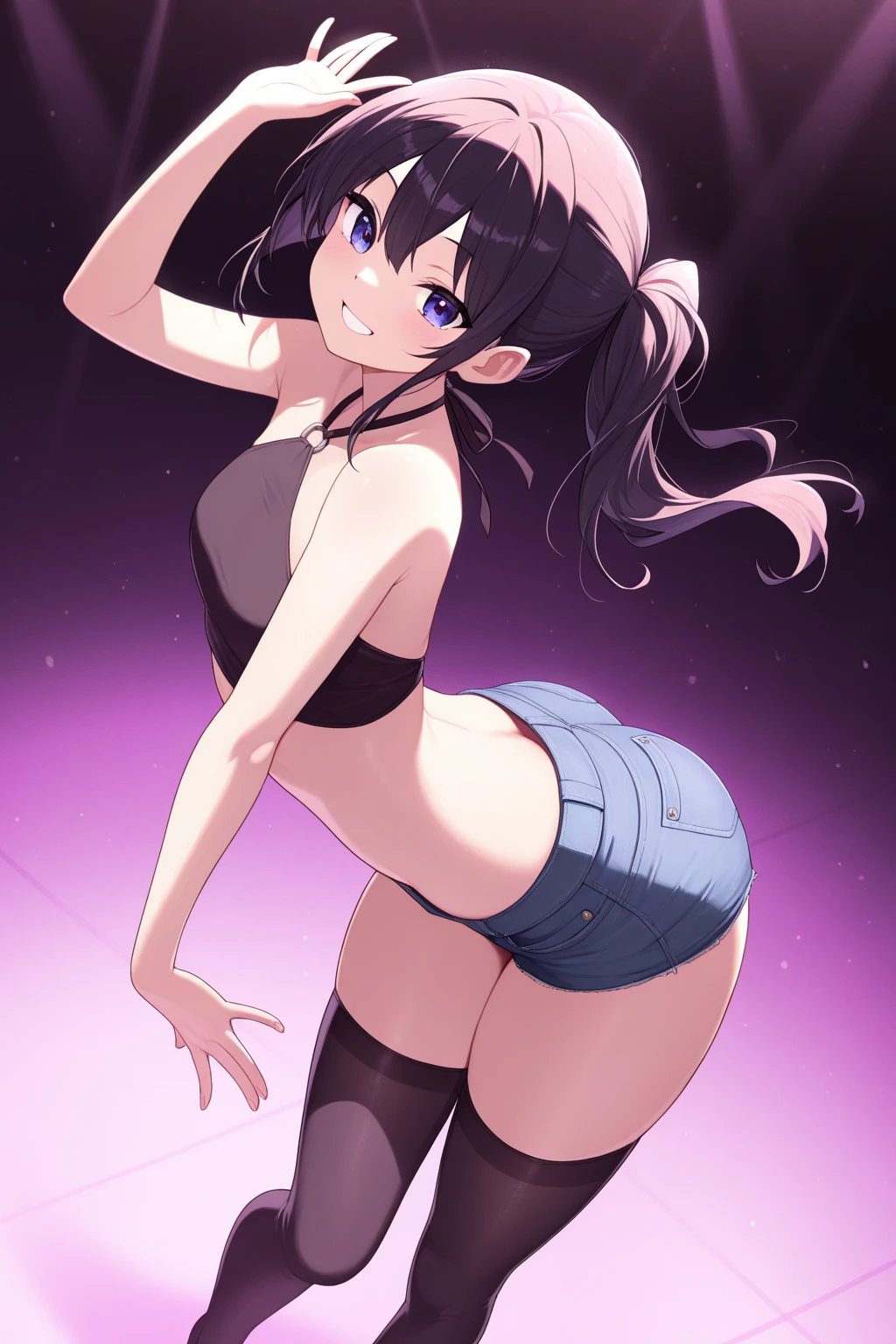 masterpiece, best quality, HuTaoV4, 1girl view, solo, blush, twintails, long hair, hair between eyes, ((streetwear clothes)), city, outdoors, night, movie poster, extremely detailed, smooth, high resolution, ultra quality, cinematic lighting, ambient occlusion, all intricate details, anime, detailed faces, perfect composition, wide shot, atmospheric lighting, very sexy, lift skirt, random low back angle