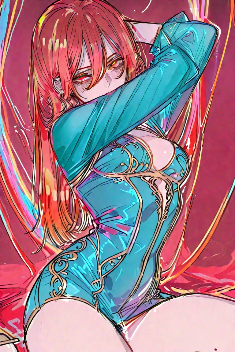 redhead mermaid, with full breasts, left arm completely tattooed, light pink scales with a thin edge of pastel blue scales, long red hair
