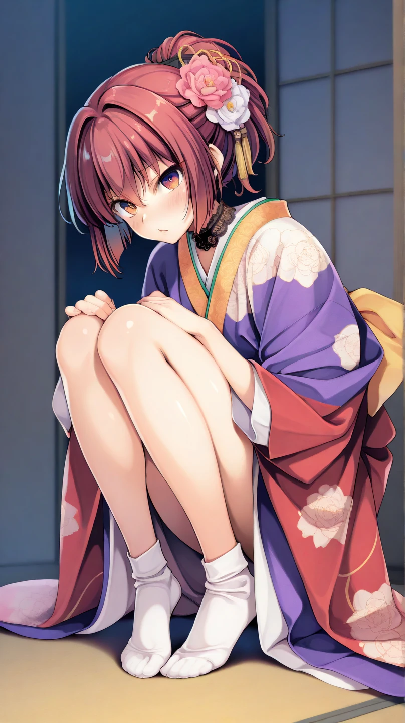 Beautiful girl wearing a short yukata with a white and red hem is squatting and touching her hair with one hand, looking at the camera, ((((background blur))), sandals with nose cords, bare feet, cotton underwear,
