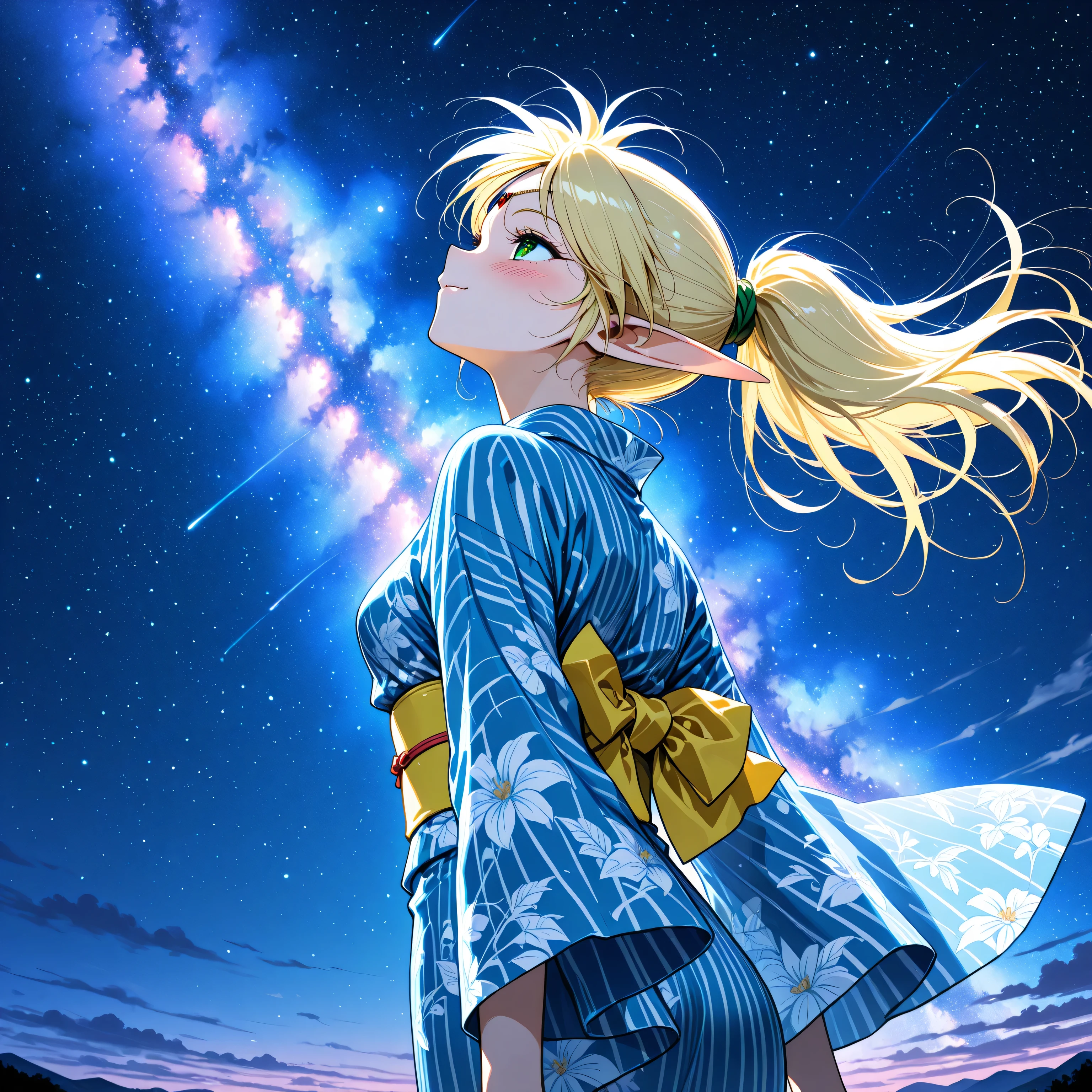 masterpiece,best quality,high score, highres, incredibly absurdres, amazing quality,8K, yuuki nobuteru artstyle,
1girl,solo,three quarter view,from behind,from below,milky way,(((double exposure))),
deedlit, pointy ears, elf, blonde hair, small breasts,ponytail,yukata,
dynamic expression,blush,smile,facing up,
dynamic pose,
night,wind,