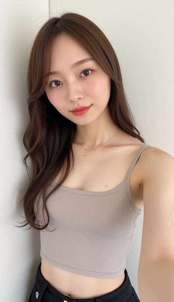 highest quality,masterpiece,Ultra-high resolution,(Realistic:1.4),Beautiful lighting, (Highly detailed CG Unity 8k wallpaper), Beautiful face in every detail,Detailed clothing, 50mm portrait photography, No background、One Girl,Big black eyes, cute, young, Pause, Facial Lighting, Physically Based Rendering,Written boundary depth , Black Hair, Medium Hair, ((Take from above)), Japanese women、20-year-old、Knitted camisole、(Large Breasts)、(Upper Body)、Young and beautiful woman taking a selfie, Taken with iPhone camera、In front of a white wall、Nipples are visible through the