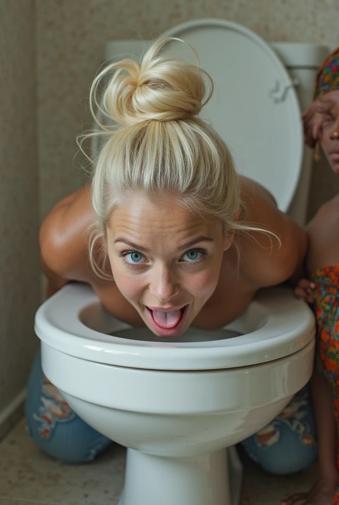 Nude Tara Strong with long hair with pissing water back and butt with feet and butt backwards sitting on toilet backwards