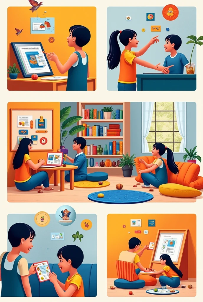 You are a professional illustrator。Based on the following concept、Please create a homepage image that conveys the appeal of the online asset management salon for parents and children.。
・Top image concept theme
「Parents and children learn about the future」
・ Visual element 1. Parent-child bond Image of a parent and smiling together while using a computer or tablet。
Scenes of children happily studying in their living room or study space at home。
2.Investing in learning and the future Saving money to help your children realize their dreams、Investing symbol。
Money trees, growing graphs, etc.、Symbolizing future growth。
3.Technology and Creativity Icons and devices that represent AI and the latest technology。
Colorful shapes and patterns to showcase your creative projects。
Color palette
bright and cheerful colors: To express children's learning and dreams、Bright blue or green、Orange, etc.。
A color that gives a sense of security: To express parental security、Soft beige or grey。
・Catchphrase
「Parents and children can learn about the future together!」
「An online salon that develops the skills to make children's dreams come true」
「Have fun learning、Start investing in your future!」
・Layout 1. Large catchphrase in the center for easy viewing、Centered in a striking font。
2.A photo of smiling parents and children. A photo of a parent and is placed under the catchphrase.、Create a friendly atmosphere。
3. Visual elements Learning and investment on the left and right、Placement of icons and illustrations symbolizing technology。