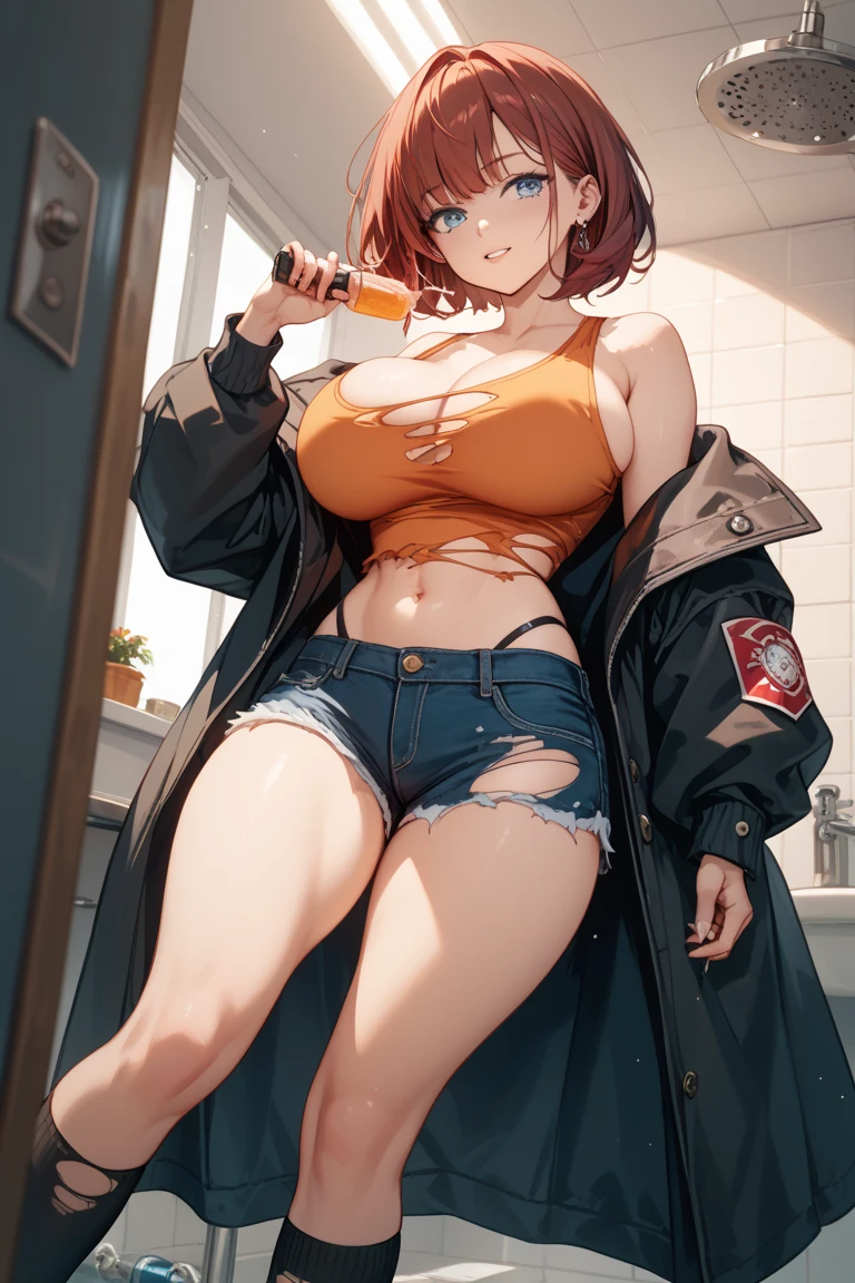 ((Masterpiece)), ((Best Quality)), Ultra High Resolution, HDR, absurderes, 8K, (1 girl), intricate details, ultra-detailed, dramatic lighting, blushing, shy face, green eyes, short ginger hair, wavy hair, (wearing a black bikini, jean shorts and a beach hat), in a restaurant, gorgeous girl, small size breasts, gorgeous body, glossy skin, vivid colors, full body view, detailed illustration, detail background, shy, feminine, professional artwork, big thighs, cleavage, small waist, wide hips, short hair