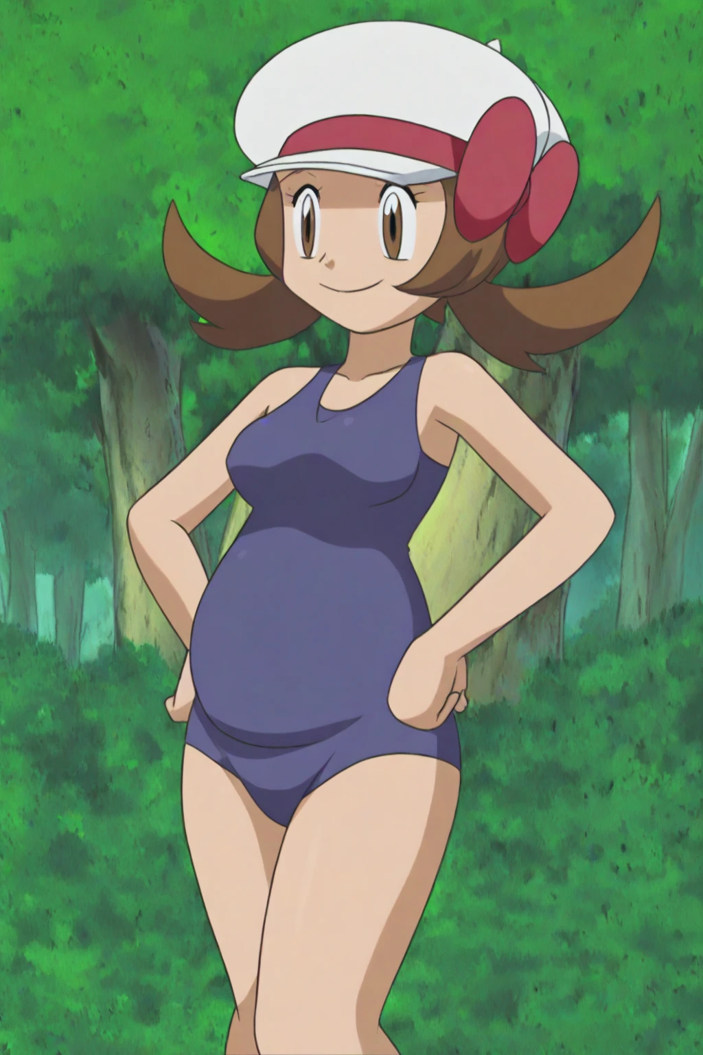 masterpiece, best quality, highres, outdoors, 1girl, solo, may (pokemon), bandana, red shirt, bare shoulders, pregnant, embarazada, vientre de embarazo, barriga de embarazada. Bikini, microbikini, micro bikini, bikini rojo, embarazada, barriga de embarazada, sonrisa, sonrisa timida, mirada tranquila. 