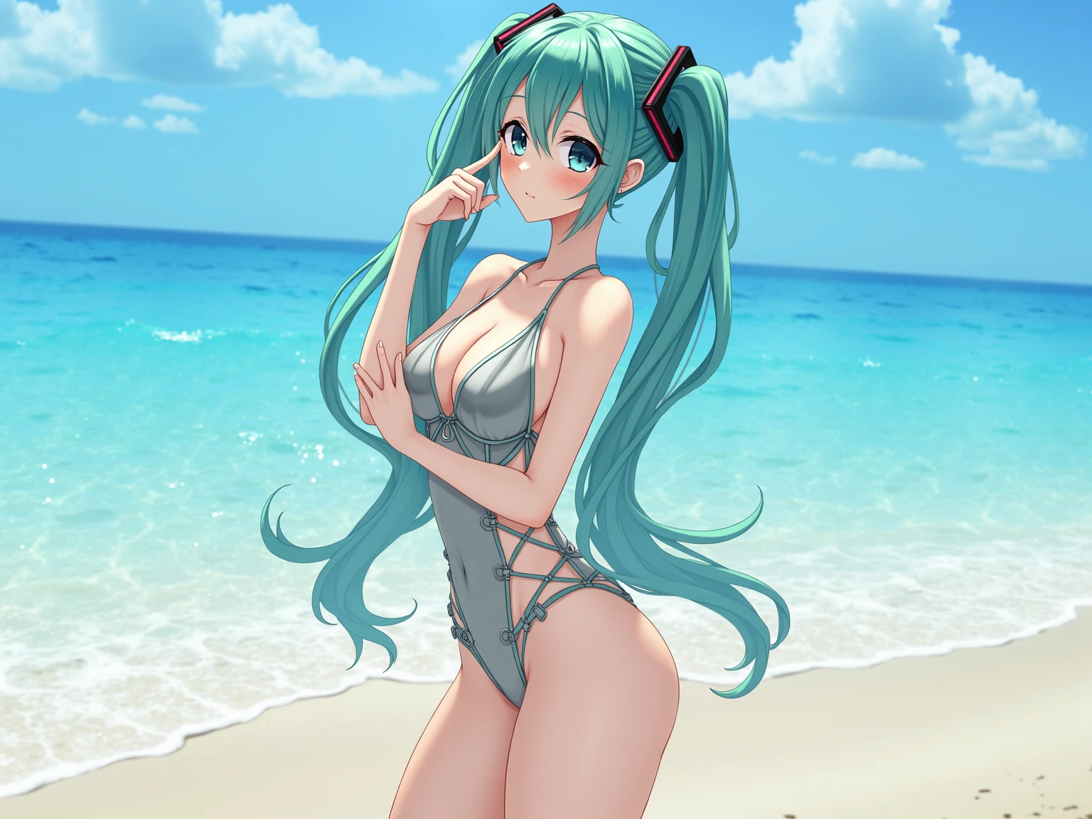 hatsune miku, masterpiece, best quality, anime screencap, <lora:tsuchimiya:1> tsuchimiya, competition swimsuit, 1girl, solo, beach, from behind, from above, ass, lying, on stomach, sand, looking back, looking at viewer, high saturation