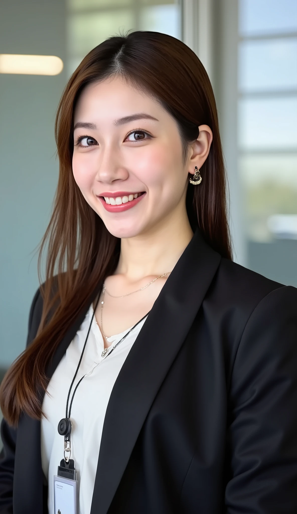 Neat Young Woman、and look at the camera、office lady suit、jacket、shirt、 employee ID hanging from the neck 、、ear piercing、 pale brown hair、smile showing teeth、background is office
