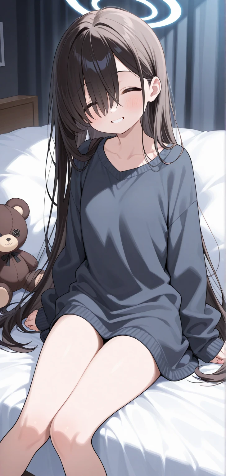 1 girl, medium construction, (((completely alone))), ((round glasses)), long brown hair, blunt bangs, Brown eyes, (((perverted smile: 1.2))), sexy look, modern, (((contemporary))), Room background, (((lying in bed, legs open))), panties, pajamas, (((very embarrassed)))
