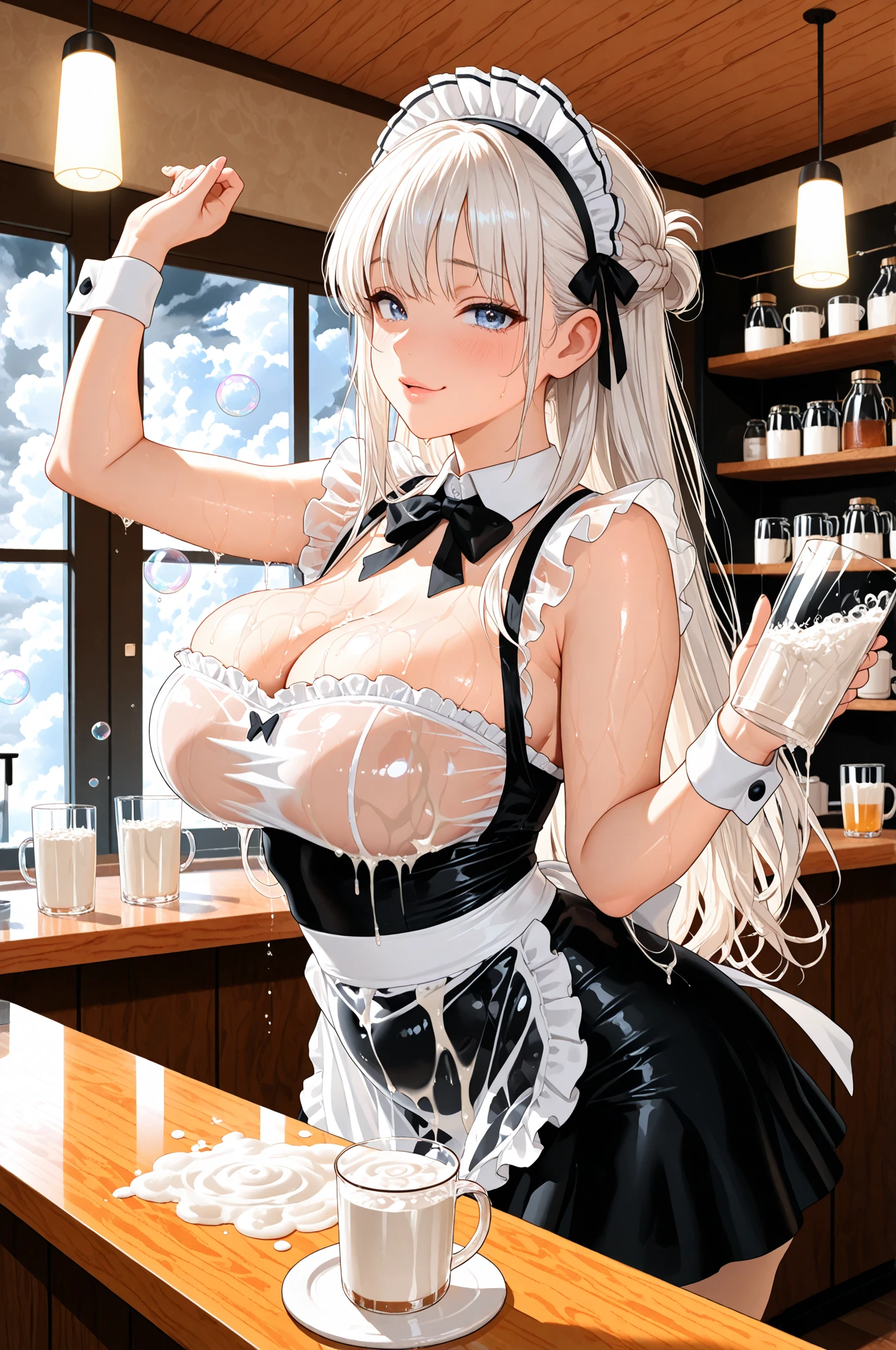 (nsfw:1.2), (((HHH))), a precious special eroticism porn scene, Express all her emphasized feelings through her facial expressions and posing, 
full color, ultra masterpiece, ultra high quality, photorealistic:1.3, ultra high resolution, described in ultra fine detail down to the minutiae, sharp, clearly, textured, depth of field, professional composition and lighting, (close-up shot), 
sexy, sensual, erotic, eros, horny, sexually aroused, craving:1.1, (panting), sticky slimy, (raw), shiny, glaring, rich, pink, sexual ecstasy paradise, a flashy eroticism porn party, 
top grade flashy:1.1 virgin killer courtesan, (looking up and (enraptured:1.1 rapt:1.1 (half-open)) bedroom eyes to downward camera view)), 
wearing wrinkled ((fine bright color (shiny super reflective (polished:1.5) metallic polyester) eccentric lingerie mini bodycon dress)), (puffy nipples under the lingerie), (breasts spilling over the bra due to being tight), skindentation, Wedgie, 
beautiful sexy face, detailed mouth:1.1, detailed too shiny lips:1.1, large firm breasts, oily wet translucent skin, messy loose (updo) hair, gold simple necklace earrings,
((blush)), (((sweat))), a little particle sweat drops, (((steam))), ((sigh)), ((((drooling)))), (((((ecstasy))))), ((((orgasm)))), (((ahegao))), ((((cum on body)))), 
ecstatic attentive escort service, energetically, ((blissful:1.5 ecstatic expression:1.1)), oral vagina, Drooling slimy tongue, She took a libido booster and her sexual energy has increased, Give me her special H service that captivates boys, handjob gesture,