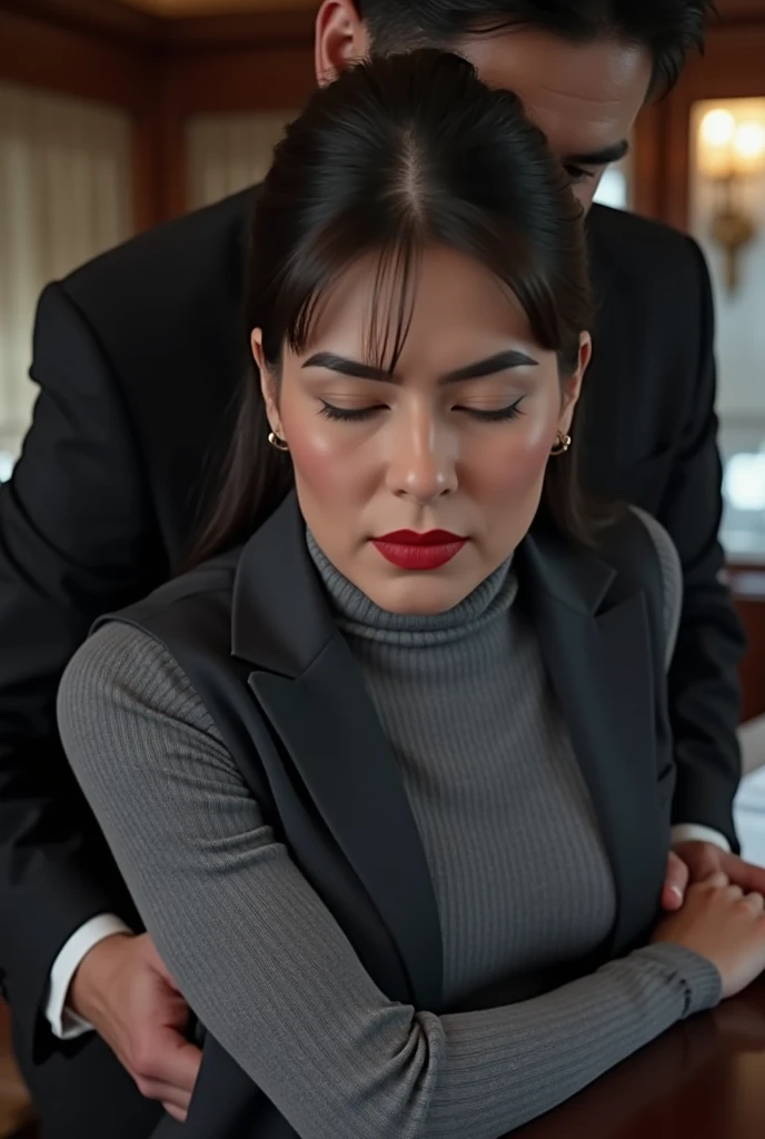 photo of a man fucking in the ass a soaked and sweaty completly clothed horny prime minister of parliament woman bent over her desk , (( her head complelty down )) , monica bellucci at 35 years old , eyes closed in front of a man, the man is fucking her in the ass , doggy style, (( Monica is dressed with a grey tellier double breasted jacket grey turtleneck sweater , and a black long maxi-skirt(black long maxi-skirt:1.2 )) (( black ponytail hair)) (( she is wearing his favorite vintage grey silk gloves )) (( cumshot moment, bettie is having a really pleausure orgasm,he grinds his teeth in pain, she is feeling hard pain, she is screamin pain)) (( grey silk gloves)) (( he is grabbing strongly from behind Monica's ponytail hair))