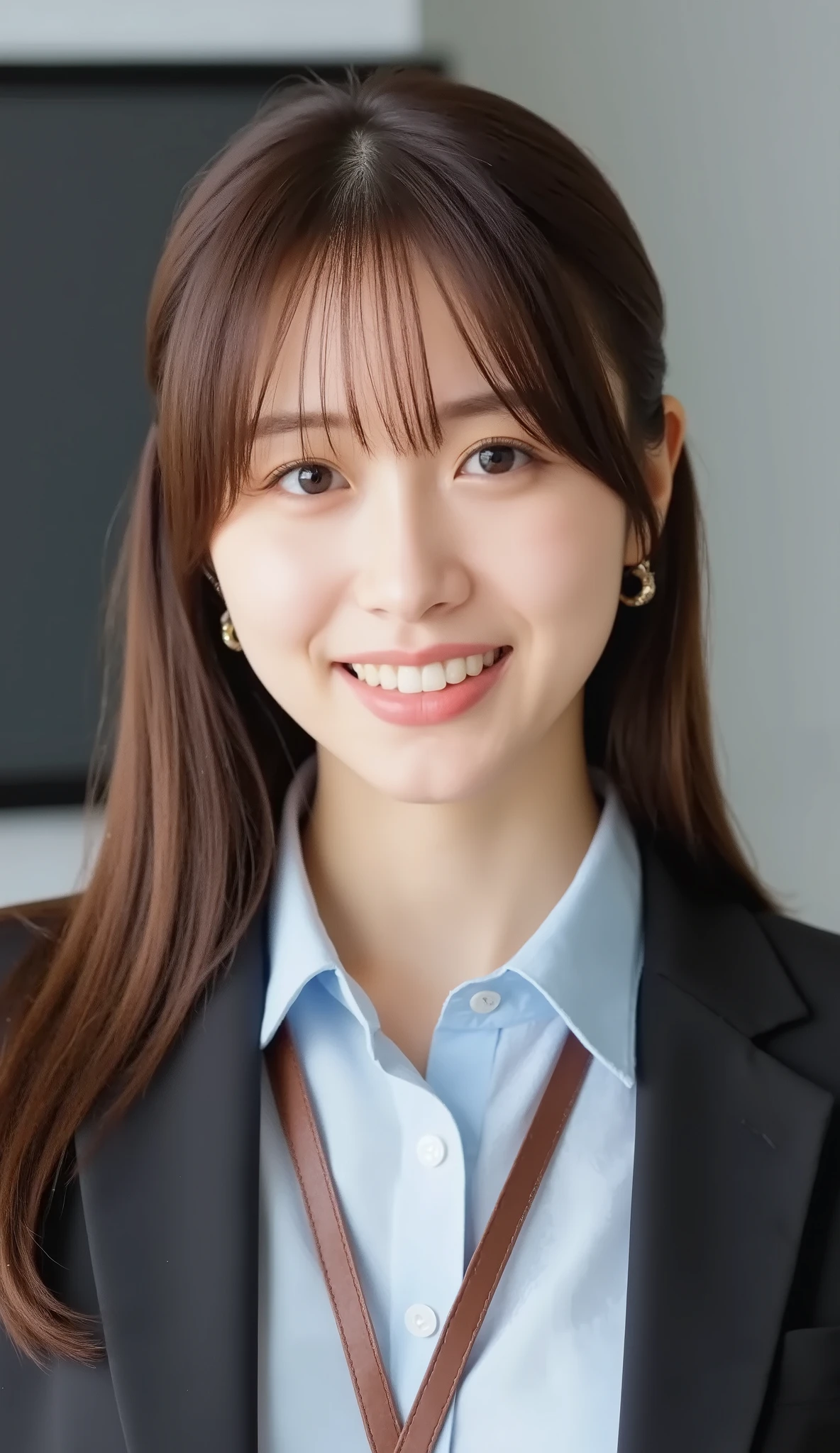 Neat Young Woman、and look at the camera、office lady suit、jacket、shirt、 employee ID hanging from the neck 、、ear piercing、hairstyle semi-long、 pale brown hair、smile showing teeth、background is office