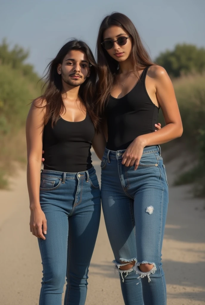 Lucia y elenna con camisa blanca y jeans