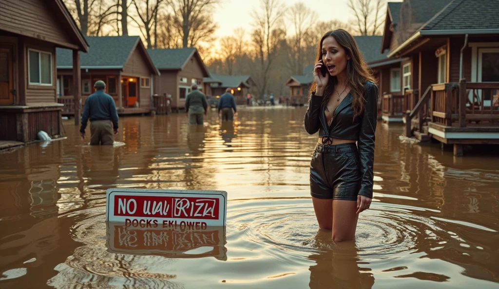 Create a photo of a very beautiful girl in black stockings  and without a bra Make sure he ends up in a trash heap with a lot of trash, manure, a lot of bottles and dirt, And a lot of water, a dirty swamp and a lot of crap.