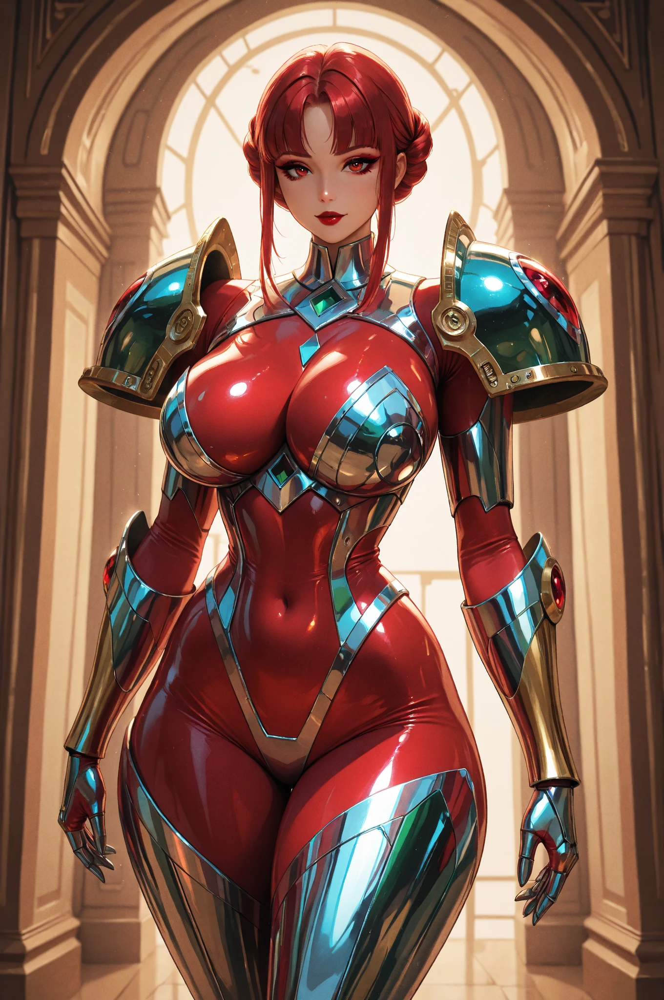 Tattooed woman furry braided hair  large body cover arm red choir athletic robot boot  hairy robotic arm metal boot 