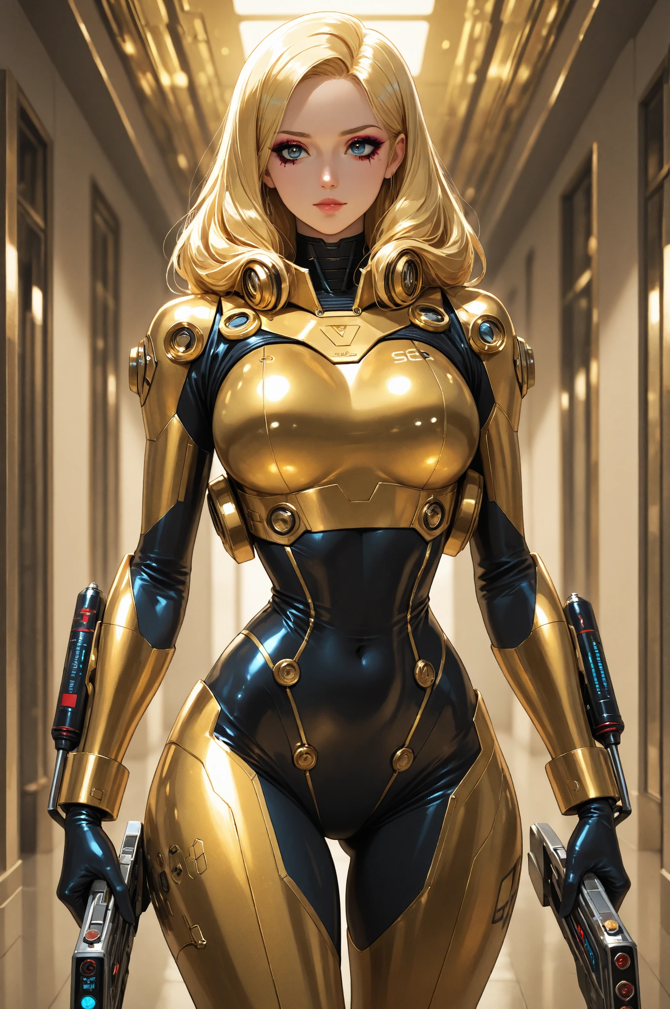 (samus aran), ((Wearing black alien armor with golden parts, extremely glued to the body and tight)), ((seins gigantesques)), ((cheveux blonds, avec clip, cheveux avec grosse frange devant les yeux)), ((Regarder le spectateur)), (((make an erotic pose leaning on an object))), ((Dans un ancien temple extraterrestre, figurines, Large tombstones with illegible writing, grands pilastres, Lights glued to the walls, est la nuit, Aire ouverte)), ((((corps entier)))), 16k, UHD, ((beste-Qualit, Better resolution, Better details)), (((Super Metroid)))