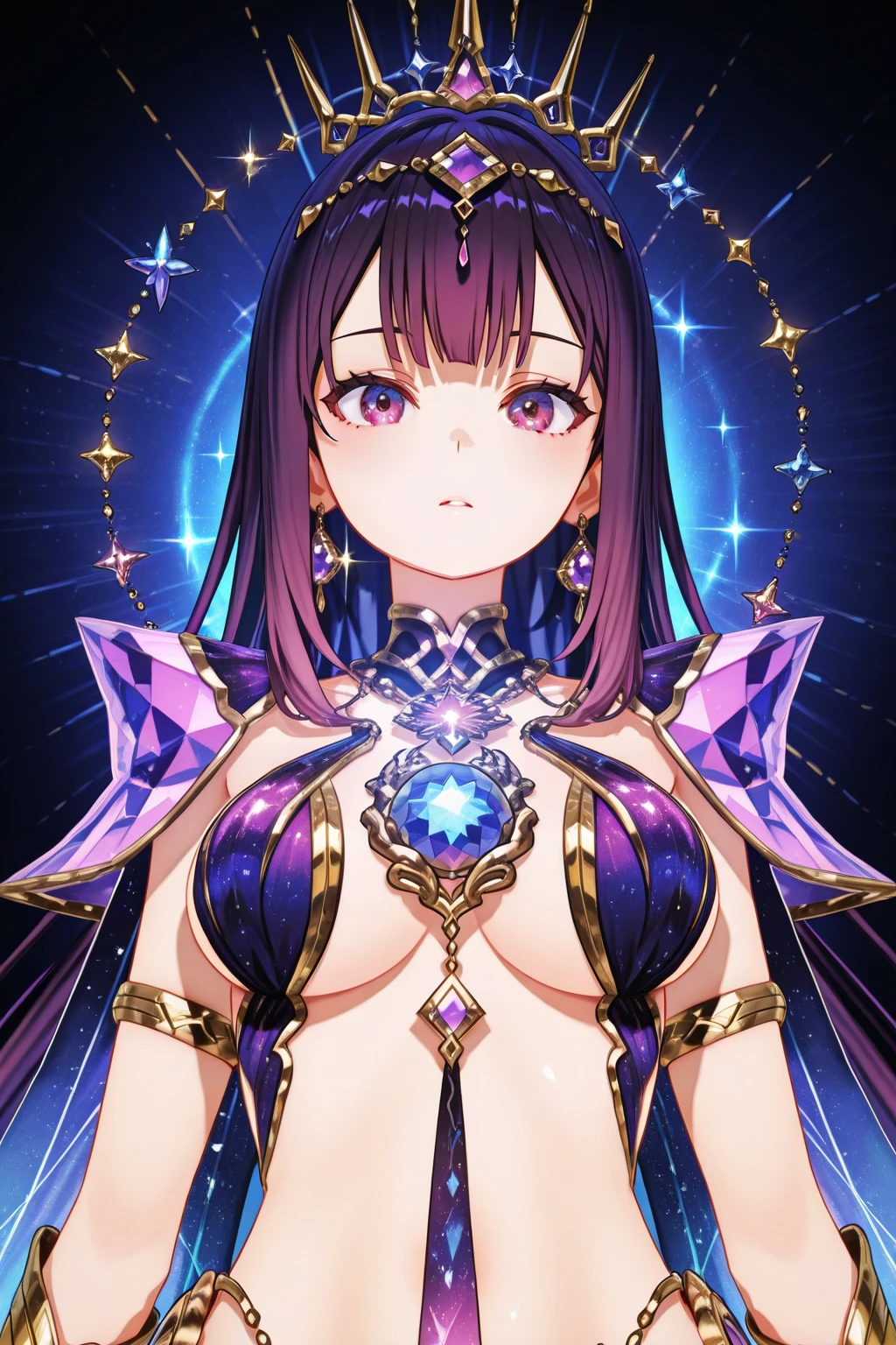 A busty dark-skinned girl with violet a six-pointed star in each of his eyes pupils wearing an open-necked female idol dress 