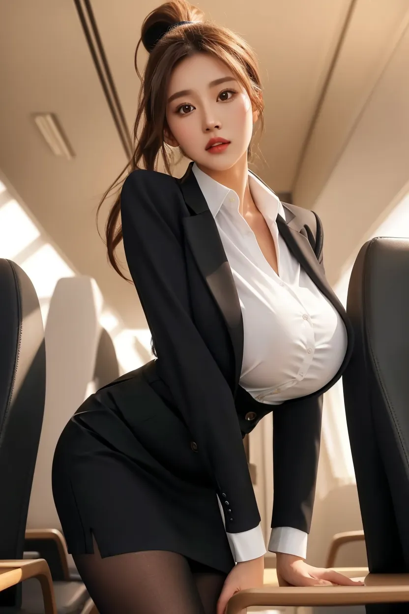airplane stewardess uniform, Highest quality, shape, Very detailed, In detail, High resolution, 8k wallpaper, Perfect dynamic composition, Beautiful details, Natural Lip, Stewardess Costume, Big Breasts, Cleavage, She is boldly spreading her legs and making sexy poses and sensual expressions..., A masterpiece of the whole body, Side Short