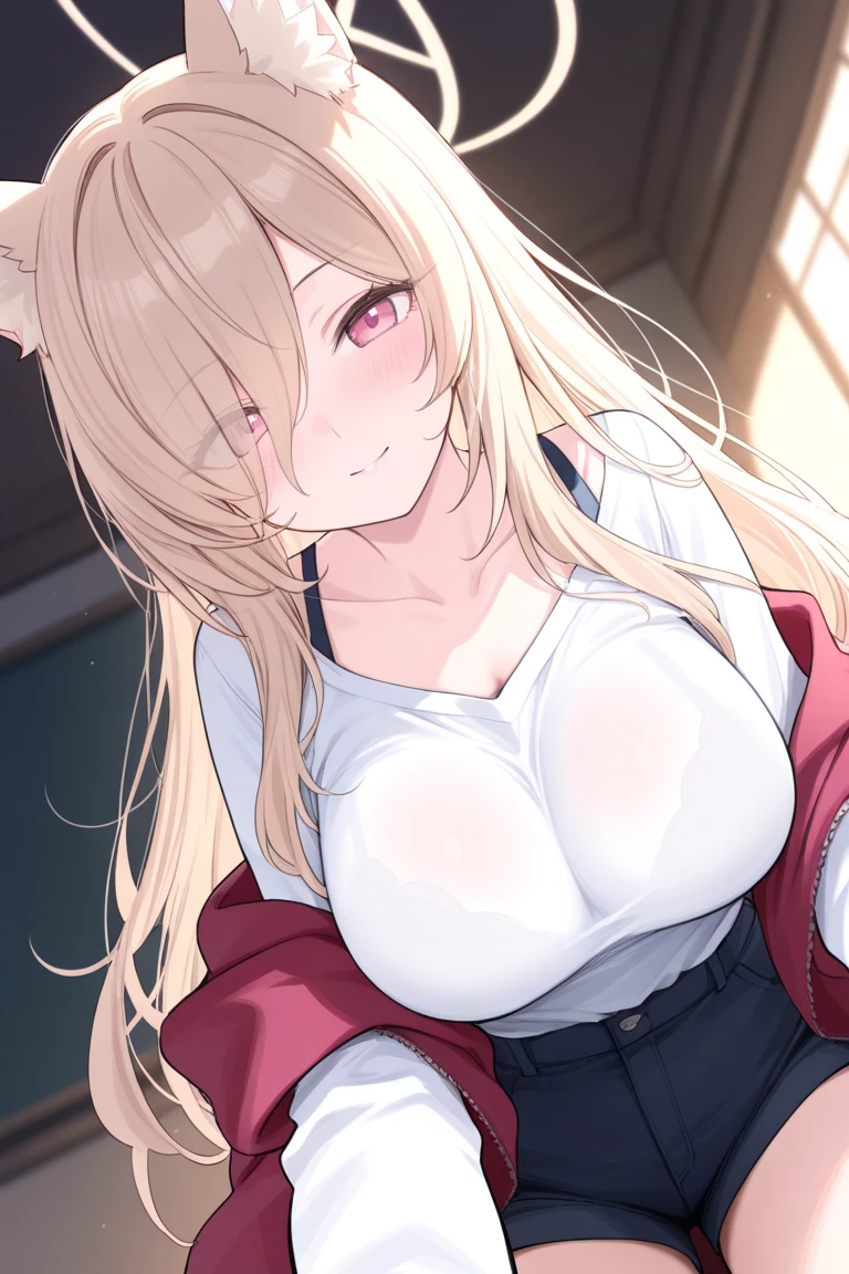 ((masterpiece)), (Highest quality), (detailed), (1 Girl),,Red eyes,Light brown hair、Long Hair、Wolf Ears、,bed、Large Breasts、blush、T-Shirts(tight)camisole、Long maxi skirt、Face up、ass pov、Subjective、hand stroking cheek