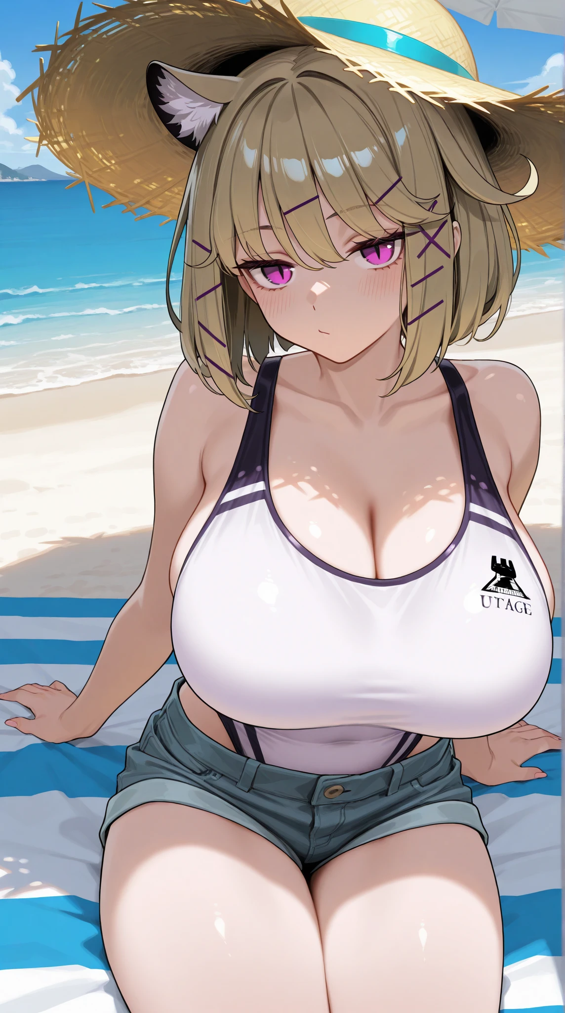 Anime illustration、highest quality、A short and plump female traveller、Tube top、Tropical、Perfect proportions、overwhelmingly big breasts、Beautiful, shining eyes、Blushed、smile、Cowboy Shot