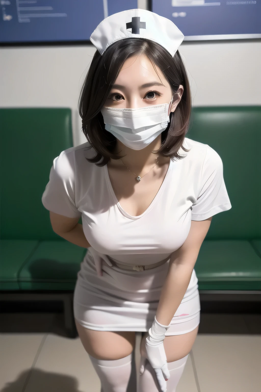 Beautiful young woman、 Korean women、Black Hair、Necklace around the neck、white、shirt、Cleavage、Stethoscope、Mask on mouth、short hair、Wavy Hair、Intricate details, Very detailed:1.2), 、 Looking into the camera,The background is the examination room...、ear piercing