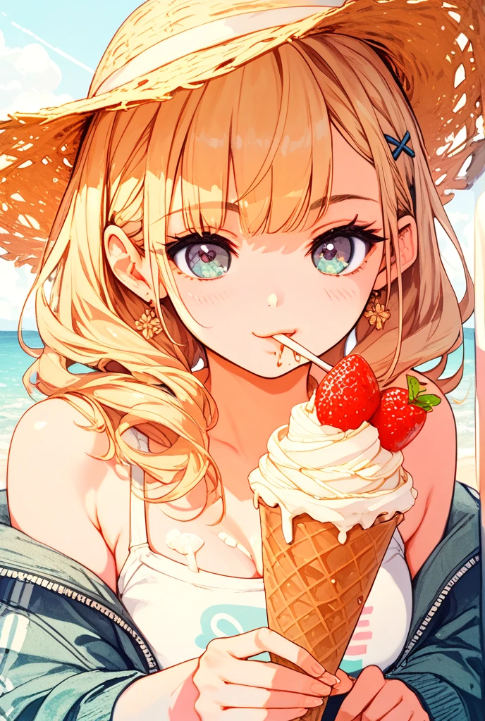 (best quality, 4k, 8k, highres,masterpiece:1.2), ultra-detailed, photorealistic:1.37), HDR, UHD, studio lighting, high quality composition, vivid colors, sharp focus, bokeh, portrait, close-up, lens flare, soft lighting, melting ice cream, crispy cone, refreshing treat, scoops of ice cream, tempting flavors, delicious toppings, colorful sprinkles, lovely beach scene, sparkling blue water, warm golden sand, lively atmosphere, people sunbathing, children playing, beach umbrellas, flying seagulls, clear blue sky, coconut trees, melting ice cream, droplets of condensation, crunchy cone texture, flavorful ice cream flavors, creamy texture, tantalizing flavors, joyful experience, summer vibes.