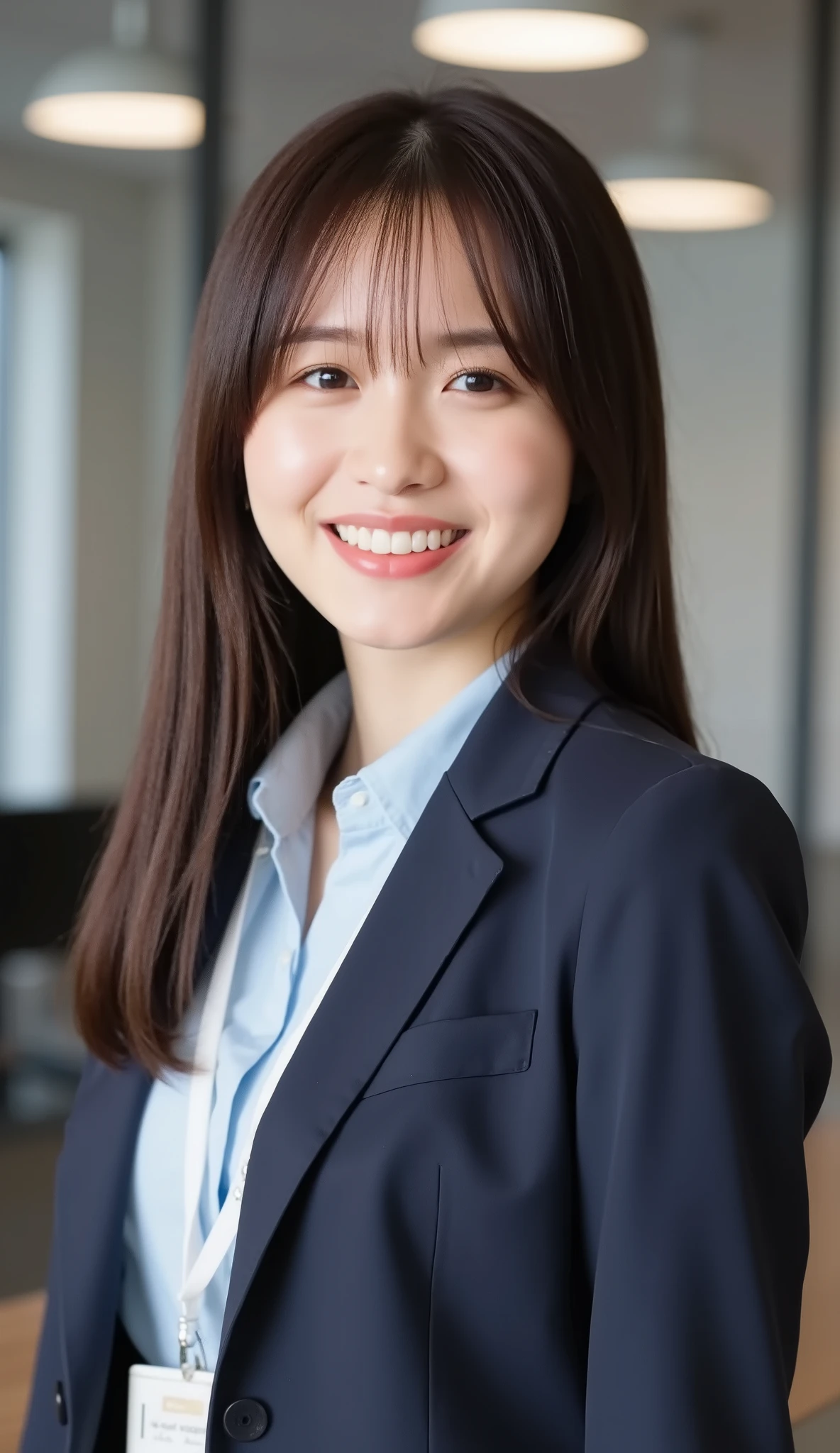Neat Young Woman、and look at the camera、office lady suit、jacket、shirt、 employee ID hanging from the neck 、、ear piercing、hairstyle semi-long、 黒に限りなく近い茶髪、、smile showing teeth、background is office