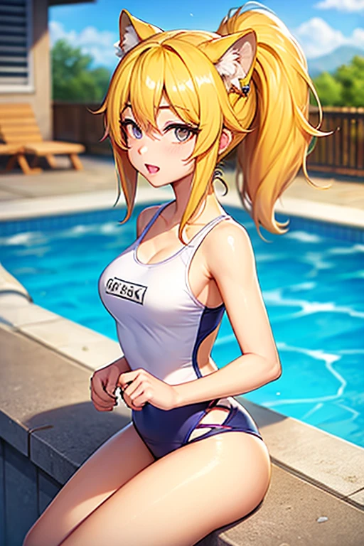 ((masterpiece))、((Top image quality))、((top-quality))、(((Illustration of one woman)))、(((Muscle Girl)))、full body Esbian、((30-years old))、((neuter))、((Blonde twintails))、Light golden eyes、((Long body))、(((perspiring)))、((Body wet with sweat))、(((Muscular and strong body)))、((Split abs))、(((muscular and thick arms)))、(((muscular and thick legs)))、((manspreading))、((Sports Swimwear))、Sitting on a deck chair、in poolside