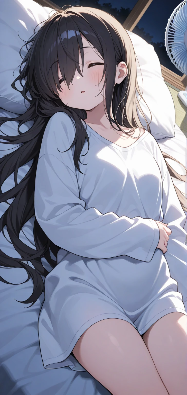 (masterpiece, Highest quality:1.2)、 Mature Woman、40 years old、Black long hair、dead, empty eyes, fainted, exhausted, sleep, drool, open legs, powerless, under wear, best quality, very aesthetic,, room