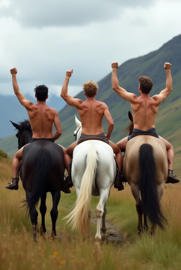 (closed shot:1.3), upper body, outside, 2 handsome male centaurs are chasing at a horse racing track, (4 horse legs), bare chest, joyful smile, <lora:centaurx:0.8>