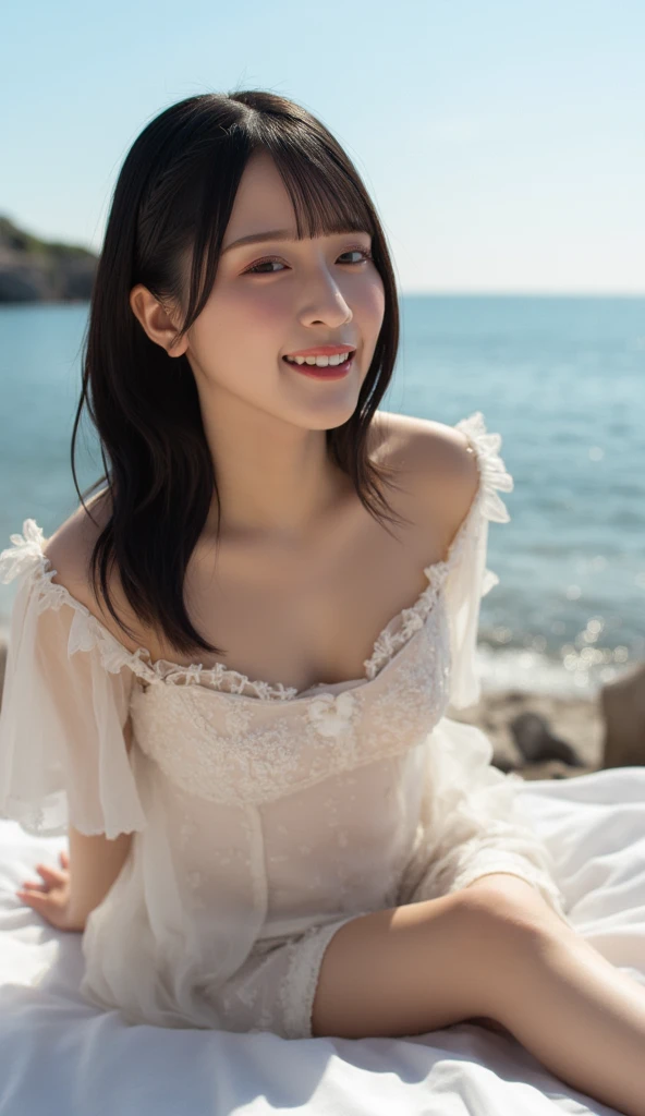 Tabletop、(Highest quality、4K、8K、High resolution、Masterpiece: 1.2)、Super detailed、(Real、Photorealistic、Photorealistic: 1.37)、Full Body Shot、Complex and beautiful eyes、woman、long hair、Natural color lip、whiteTshirt、Bold and sexy pose、smile、Ocean、20 year old girl、A cute and sexy shot looking straight at the camera。