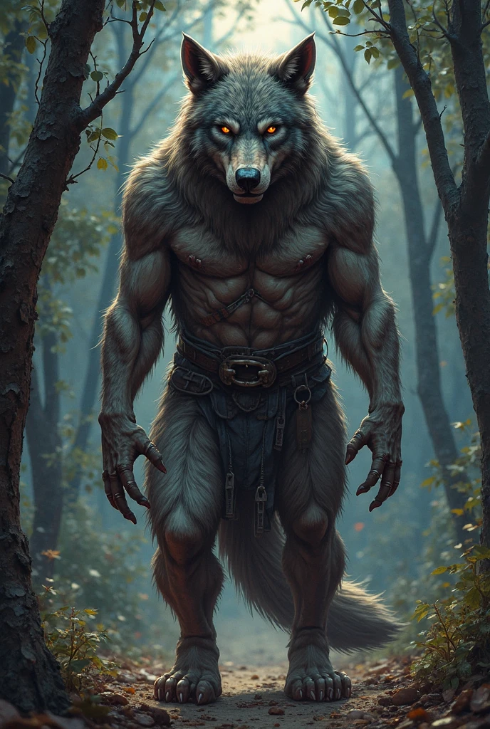 Lycanthrope with wolf face standing with reddish brown fur stocky naked yellow eyes looking forward with claws on a background of a foggy forest 