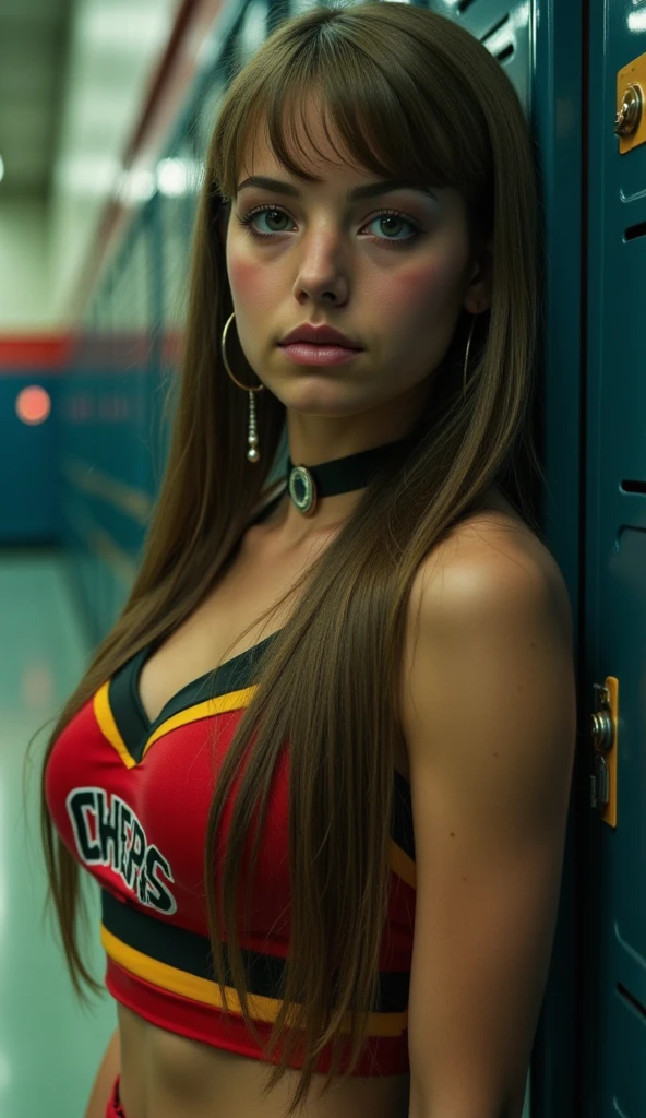 {Photorealistic, Highest Quality, Head-to-toe photo, Highest Resolution} 8K, of a gorgeous young 18-year-old woman. She is extremely short. She has a tiny petite figure. She has beautiful legs. Lighting that enhances each subjects sensuality and allure.  She is a high school cheerleader at her locker in the hallway at school. Incredibly sensual pose. She wearing a cheerleader uniform and a choker and dangling earrings. Her extremely long hair cascading down the front of her body, Looking directly at the camera with a Sensual Come hither look. She is cute as a button. Beautiful legs, Beautiful legs.