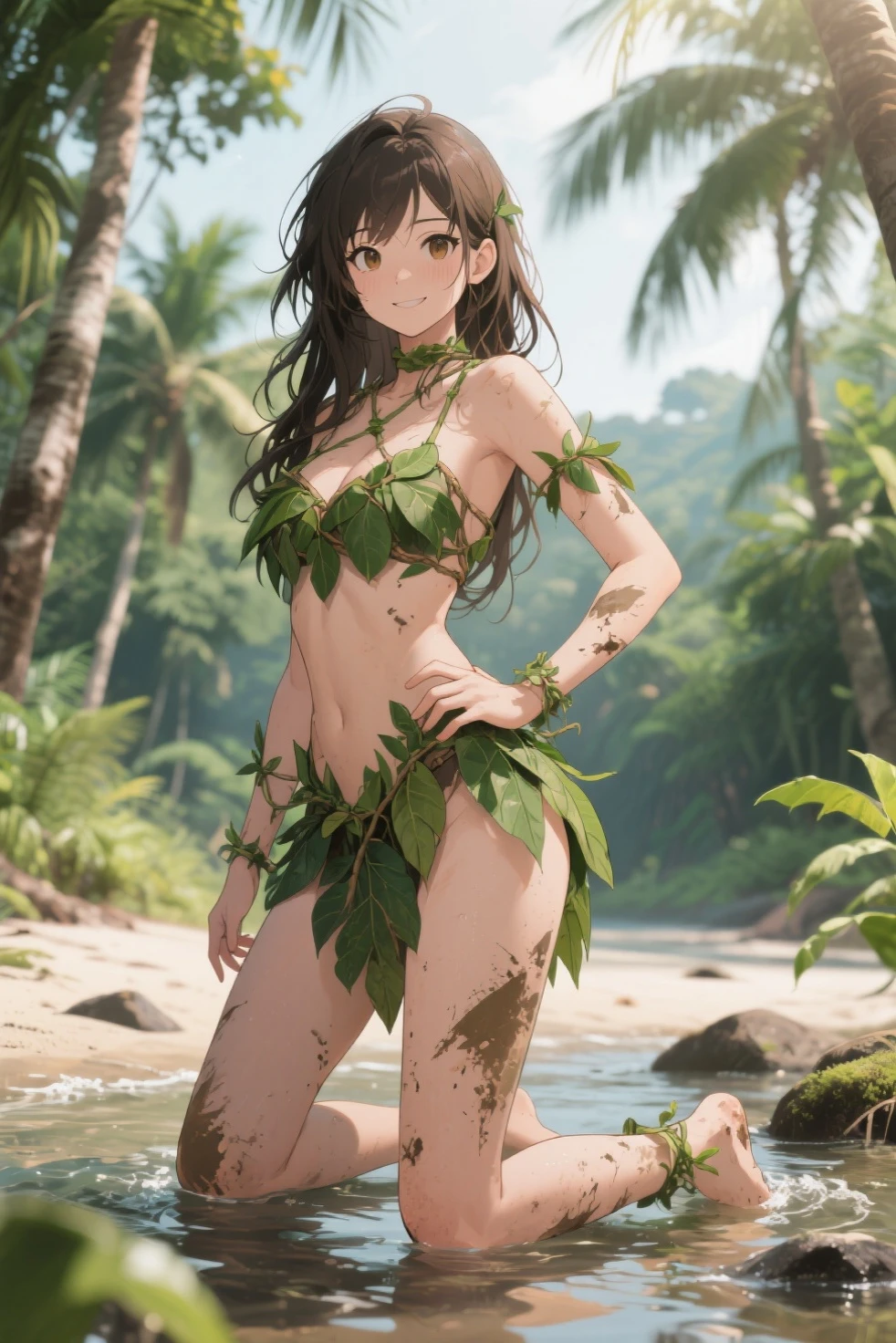 Long brown hair, green eyes, girl, small breasts