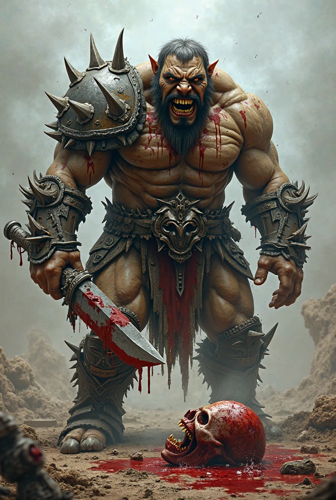 muscular giant, skull head with little hair and blood dripping, with gray skin and chains on the wrists