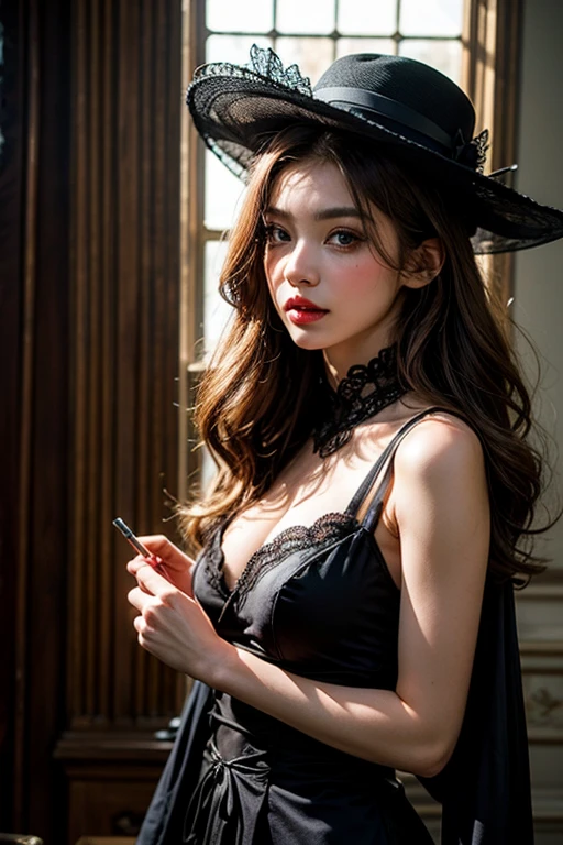 absurdres, RAW photo, extremely delicate and beautiful, masterpiece, Best Quality, ultra high resolution, 32k, hyperrealistic, ultra-detailed, perfect anatomy, super Detailed skin, Super Beauty, perfect figure, Perfect Style, Perfect balance, in her 20s, very small head, very small face, delicate facial features, tearful mole, earring, very huge breasts, bare legs, full body shot, medium hair, black hair, steampunk fashion, waistcoat, blouse, hat, boots, short skirt, bare shoulder,