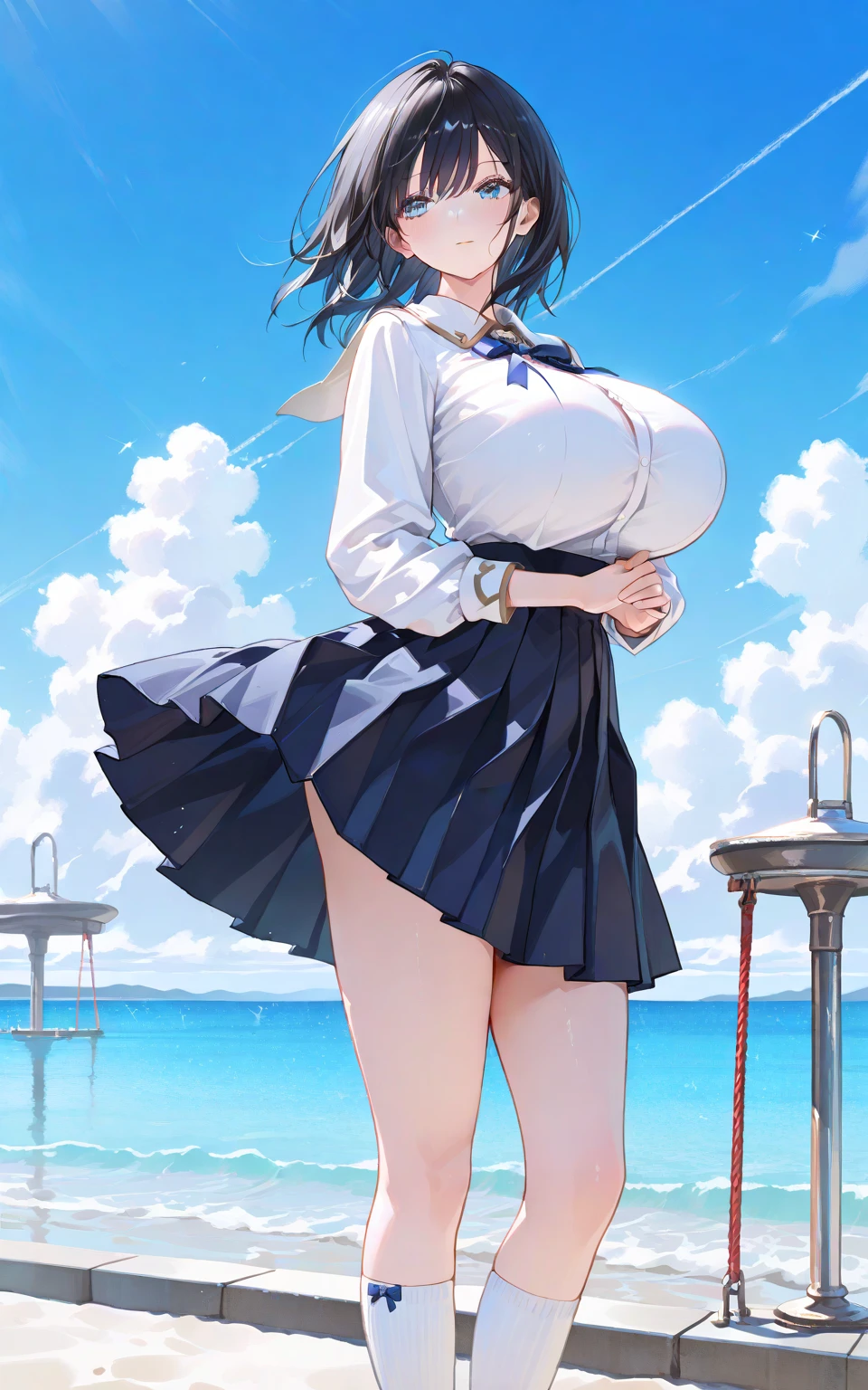 Masterpiece, 1girll, yukino yukinoshita, Glowing eyes, White sneakers, tennis wear, White miniskirt, White panties, White knee socks, Masterpiece, Top quality, Hyper-detailed, Blue sky, grabbing her own breasts,Pregnant belly,Pregnant belly
