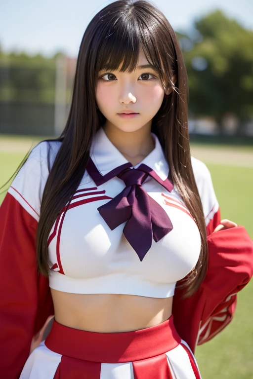 (8k), (best quality), (masterpiece:1.2), (realistic), (photorealistic:1.37), ultra-detailed, (wearing a short skirt), (skirt lifted by wind), in front of a crowd, young girl, (white braided hair), asian, Korean, cute, smile, longhair, beautiful detailed eyes, full body, medium breasts, cheer leader, wearing cheer uniform, red cheer uniform, no bra, tits poking out of shirt, pom poms in hand, view from below, looking up, windy, (no panties:1.2), embarrassed, background is football stadium, white stockings, (high detailed hands), (standing split:1.5), standing on one leg