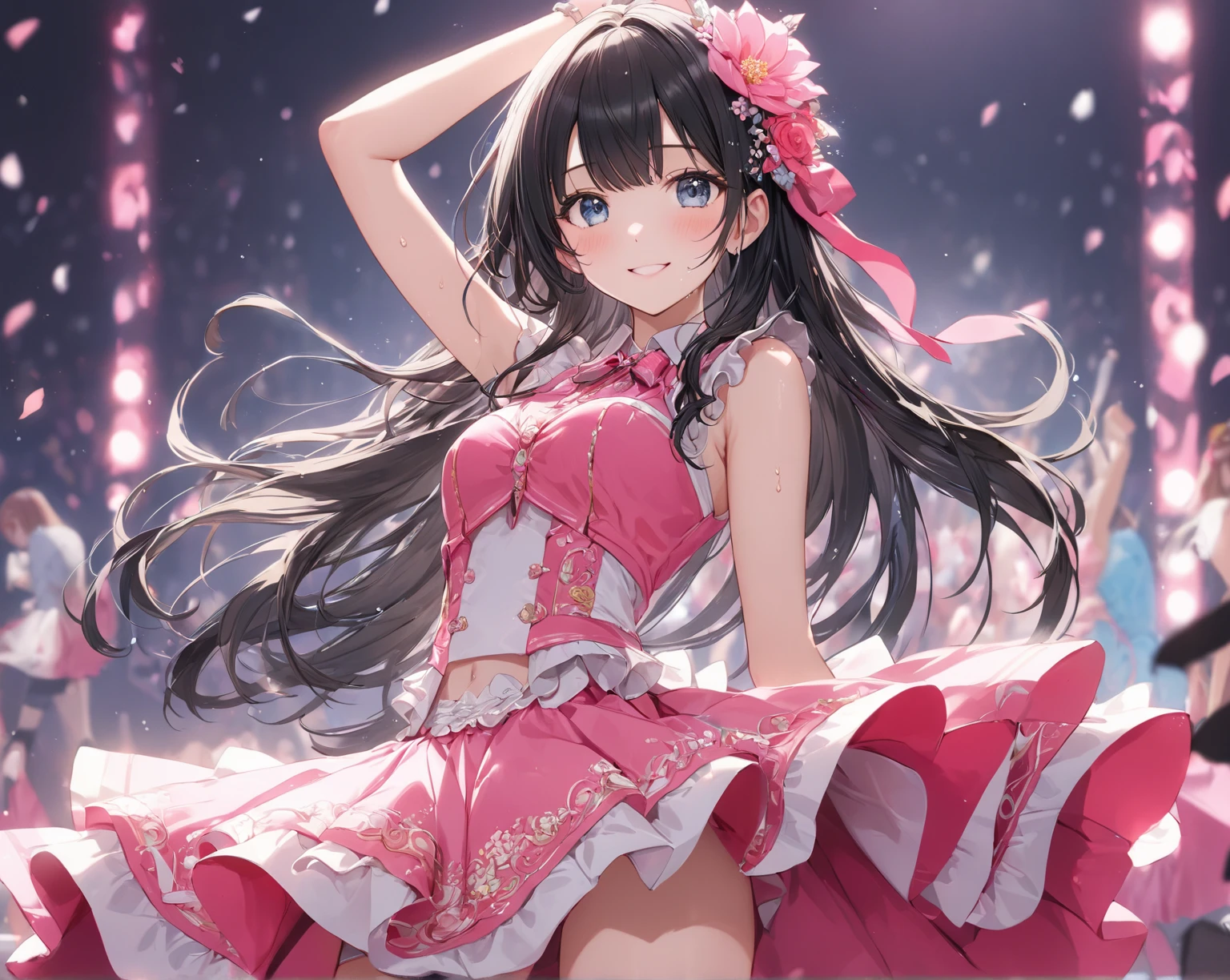 highest quality、Very delicate and beautiful、Very delicate and beautiful、(Beautiful eyes)、Pink Eyes、I、I、8-year-old 、Japanese、、Chiquita、Primary school students、(Black Hair)、((Pink leotard))、（High leg）、Tiara on head、Laughter、standing、Look forward、The background is professional wrestling