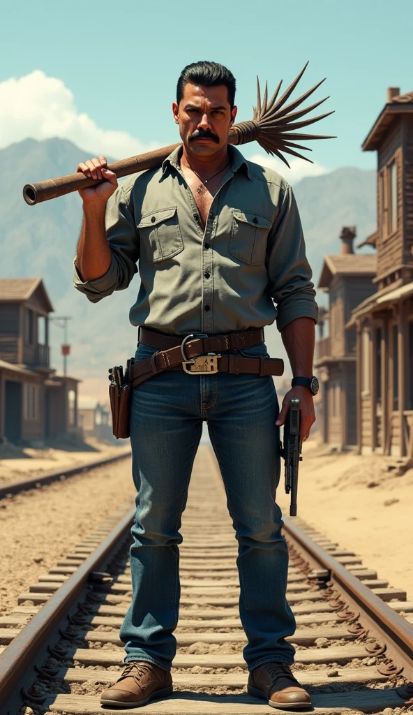 A BROWN MAN, frowning, long straight hair down to the forehead, In Training Clothes, 197 cm, trained muscle, young face of , in a classic Old West setting, sem beard, with training shirt, com cabelo menor sem beard