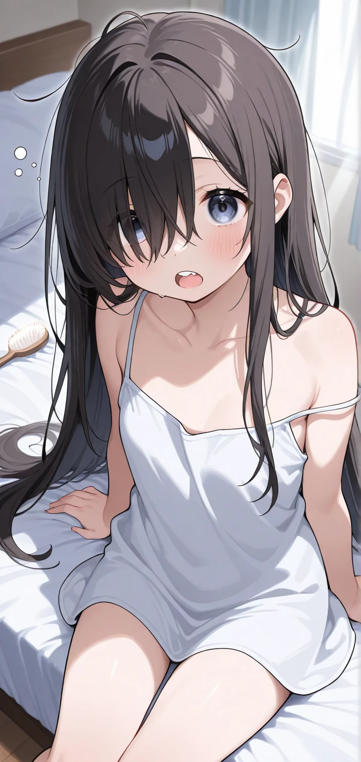 masterpiece、Highest quality、Very detailed))、One girl、Black Hair、Black Hair、Long Hair、straighthair、Grey Eyes、evil smile、((Small breasts))、((white camisole dress))、barefoot、wariza、Sit flat、On the bed、Bedroom Background