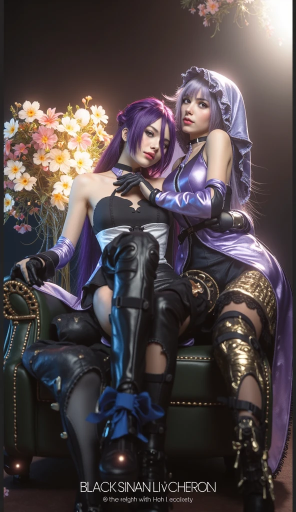 Photorealistic, 2 girls: [Scathach and Arturia Pendragon from FGO, Fate Grand Order, both girls wearing maid cosplay (Scathach wears purple, Saber wears blue or red), stockings and tights, garter belt, short skirt, high heels, long gloves, long hair, vivid lipstick], photo from head to toes, full body shot, seductive pose, inside the palace bedroom
