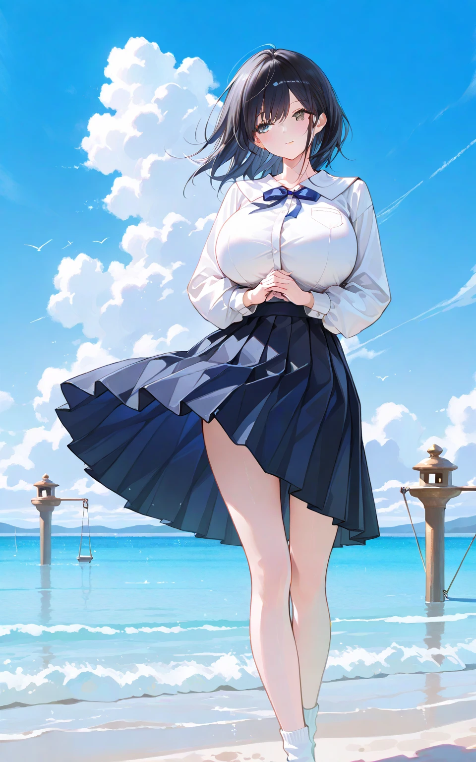 8K, Attractive, intensely detailed, 20 Year Old Girl, sexy and attractive woman with dark, black hair. She has beautiful sky-blue eyes with a heart inside. She is wearing a white shirt and a blue skirt, accentuating her waist and giving us a view of her adorable panties. From under the skirt we can see sexy black, lace panties with bow. This high-quality, high-definition image will give you a shocking visual experience.