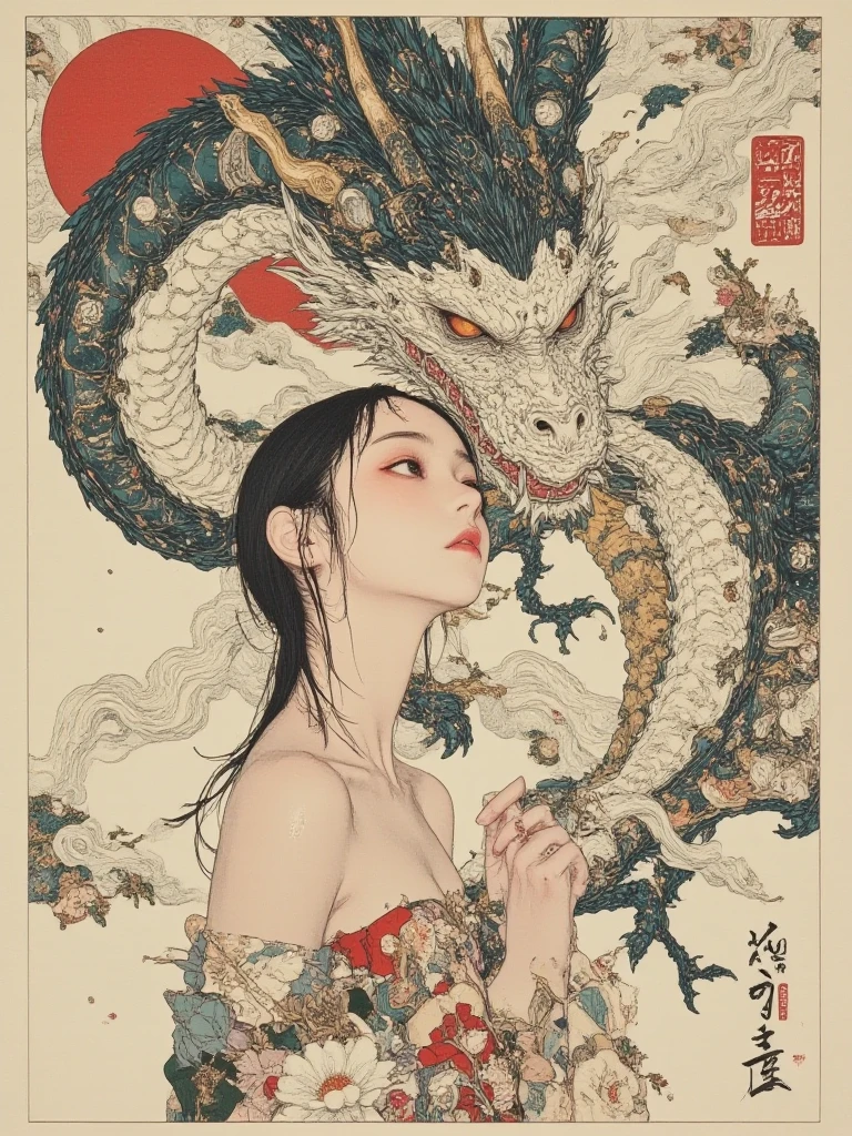 A white dragon lies in the middle of an endless field full of purple flowers, surrounded by snow-capped mountains and a blue sky sparkling with golden sunset rays. The whole scene is filled with a dreamy atmosphere, with vibrant colors and detailed background elements rendered in high resolution and detailed in a top quality illustration style. A girl with black hair and white eyes, dressed in dark , stands next to an anthropomorphic tiger, both looking at the camera. The background is adorned with intricate patterns of flowers and leaves., with a black color scheme, taken from a low angle shot, with high resolution and high detail, a masterpiece、((highest quality)),(ultra high resolution),(Super detailed),(detailed description),((The best CG)),(best work of art),super precision art,amazing drawing art,(Fantasy art with intricate detail:1.5), (Female Devil:1.6),(A beautiful face with a hint of madness:1.6),(disaster々New tattoo:1.4),(stiletto heels:1.6), (Blasphemous Magic Circle:1.8), Skull Moon, bat,